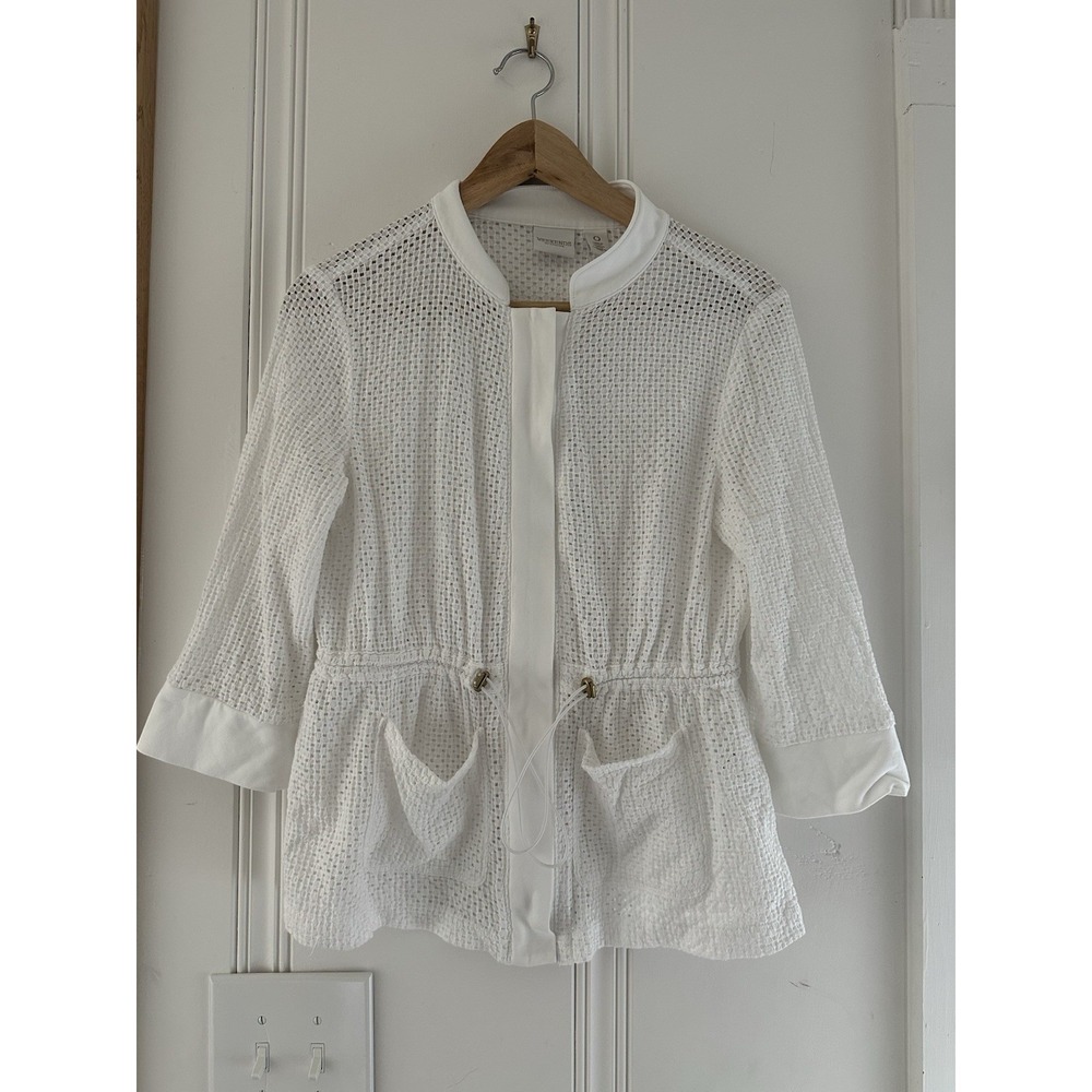 Chico's‎ Weekends Jacket Size 0 White Open Knit Mesh Drawstring Cotton Zip